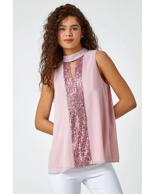Roman Red Sleeveless High Neck Sequin Top