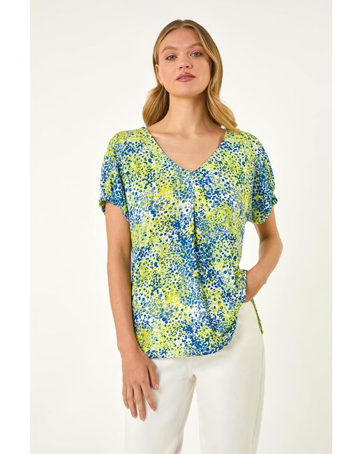 Roman Blue Abstract Spot Print Pleat Front Top