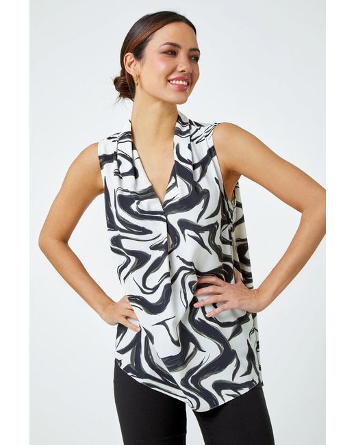 Roman White Sleeveless Swirl Print Pleat Front Top