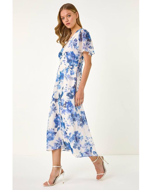 Roman Floral Print V-Neck Midi Dress in Blue Lyst UK