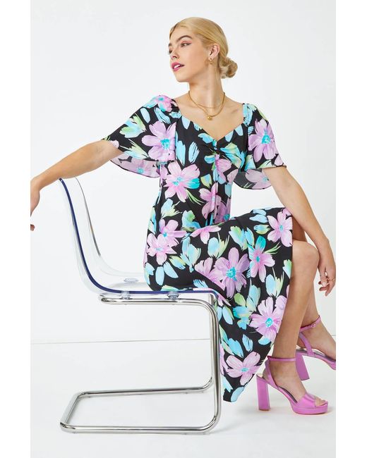 D.u.s.k White Floral Print Ruched Midi Dress
