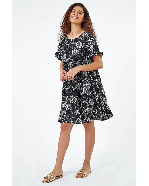 Roman Black Paisley Floral Tiered Smock Dress