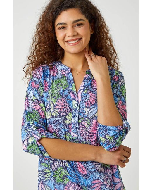 Roman Blue Textured Floral Print Stretch Tunic Shirt