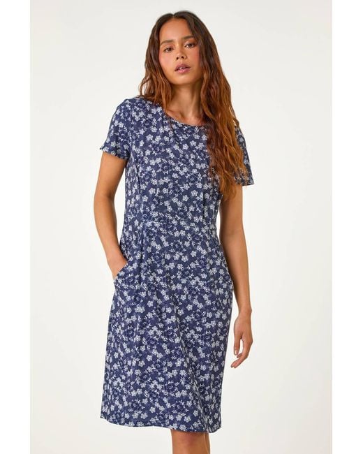 Roman Petite Blue Ditsy Floral Pocket Stretch Dress