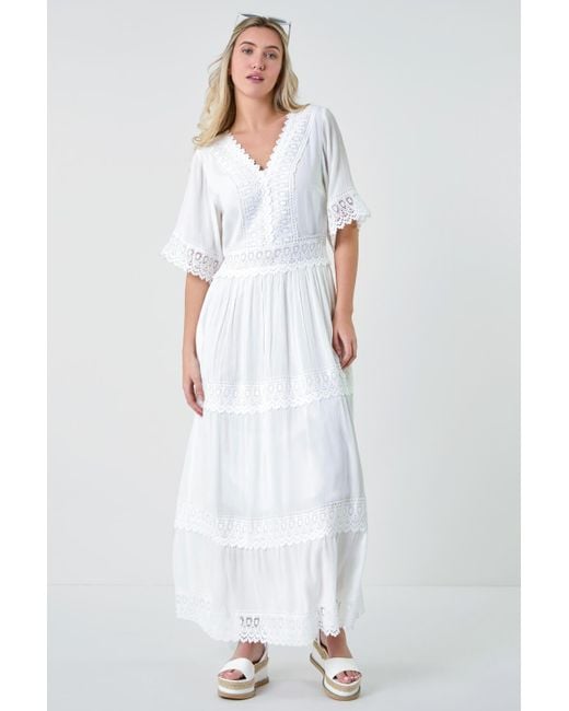 Roman White Dusk Fashion Tiered Lace Detail Maxi Dress