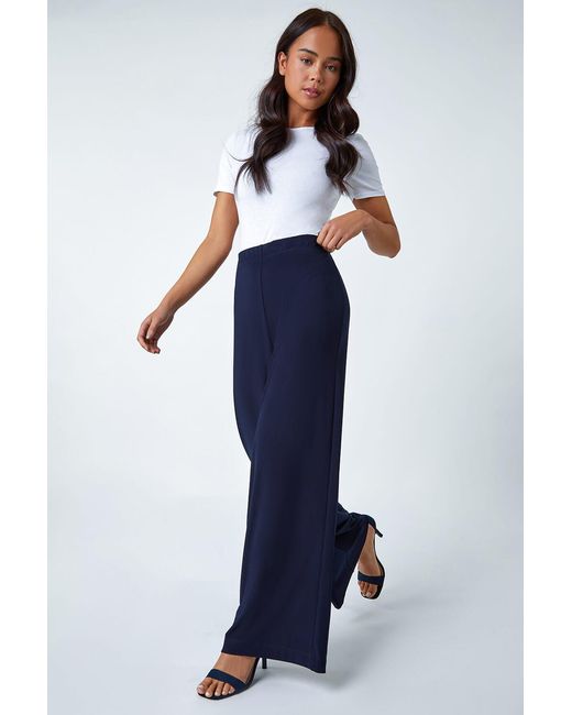 Roman Petite Blue Wide Leg Stretch Trouser