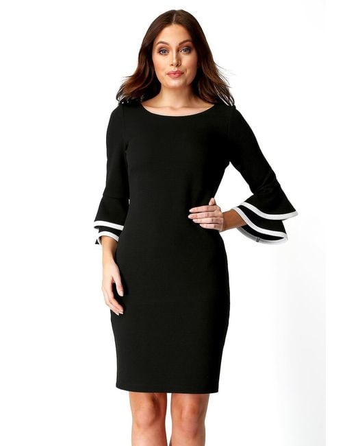 Roman Black Double Fluted 3/4 Length Sleeve Formal Office Midi Dress