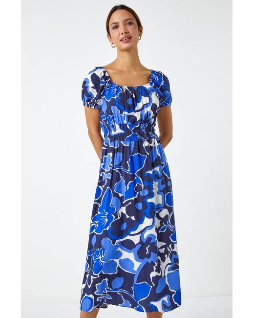 Roman Blue Floral Print Puff Sleeve Midi Dress