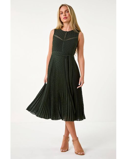 Roman Petite Black Textured Spot Pleated Dress
