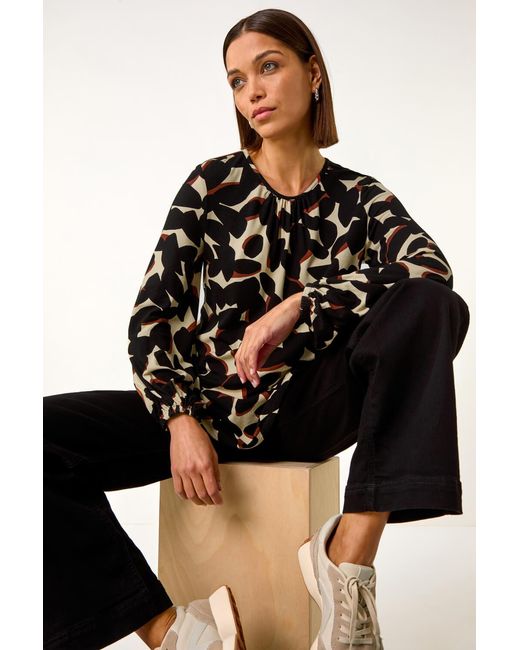 Roman Black Abstract Print Textured Top