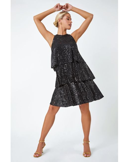 Roman Black Dusk Fashion Sequin Embellished Tiered Stretch Dress