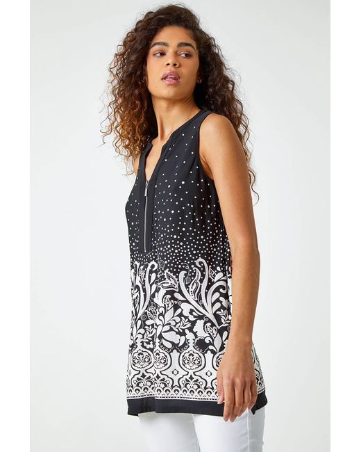 Roman White Border Print Zip Detail V-Neck Tunic Top