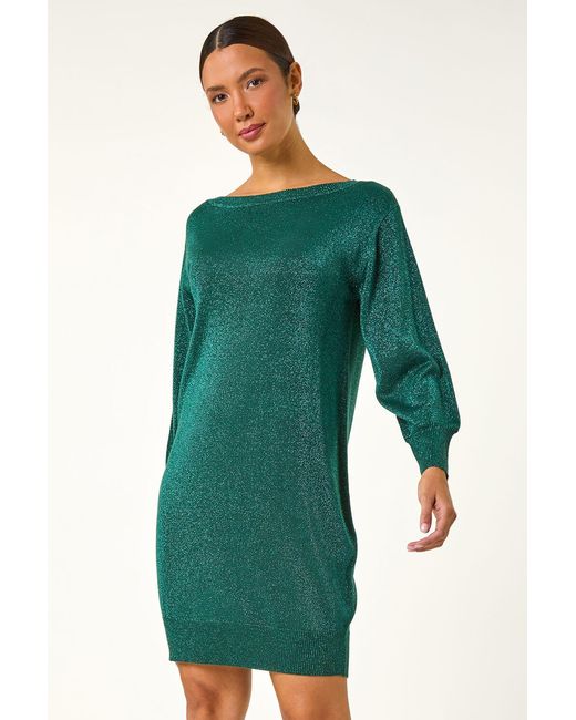 Roman Green Metallic Slash Neck Jumper Dress