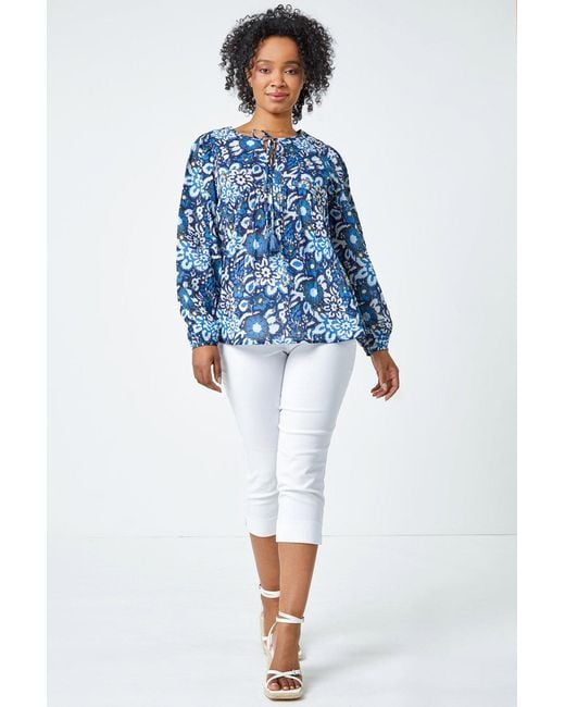 Roman Petite Blue Cotton Floral Print Tie Top