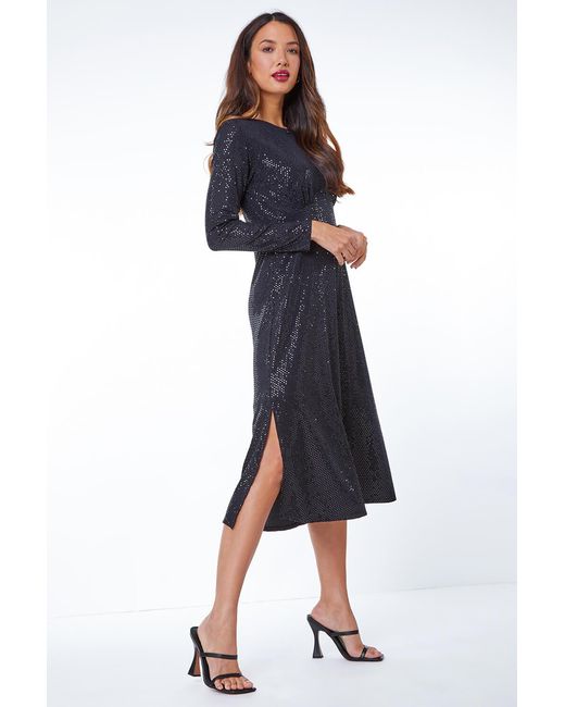 Roman Blue Sequin Keyhole Detail Ruched Midi Dress