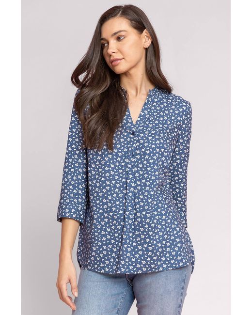 Roman Blue Ditsy Floral Print Notch Neck Top