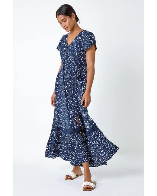 Roman Blue Polka Dot Lace Detail Maxi Dress