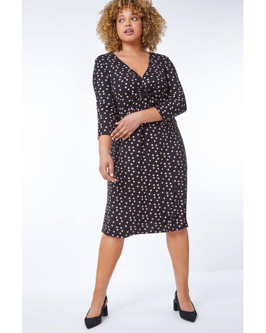 Roman Curve Blue Spot Print Twist Front Ruched Dress