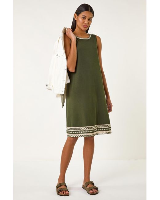 Roman Green Embroidered Trim Stretch Shift Dress