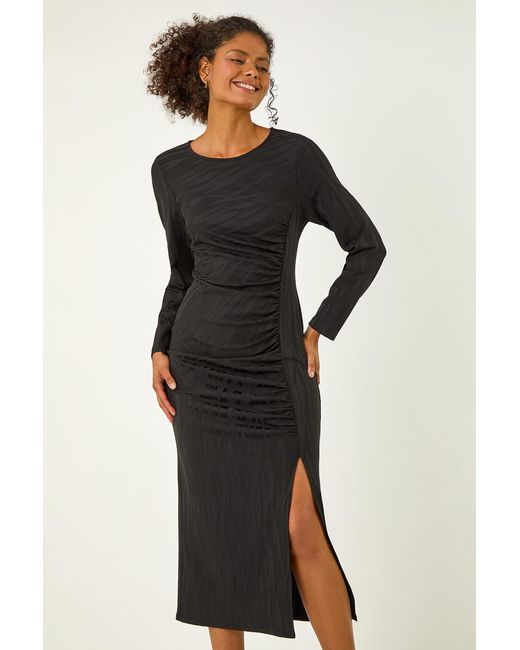 D.u.s.k Black Textured Ruched Stretch Midi Dress
