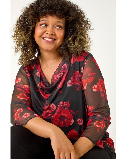 Roman Curve Red Floral Mesh Cowl Neck Top