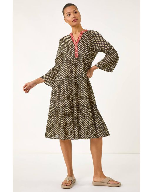 Roman Brown Geometric Tiered Midi Dress