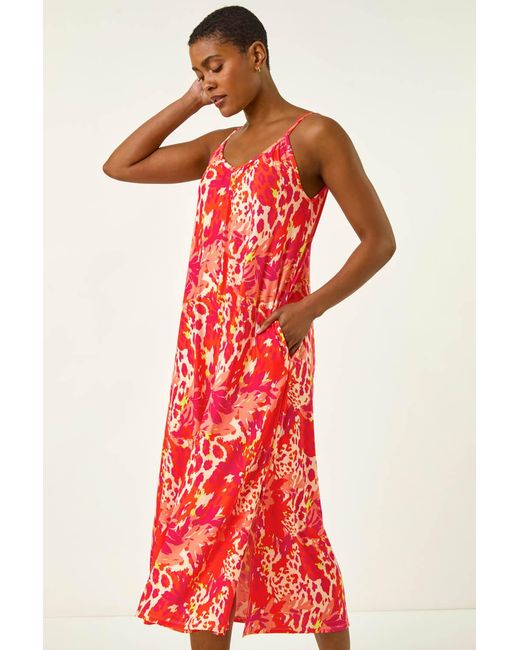 Roman Red Abstract Print Swing Midi Stretch Dress