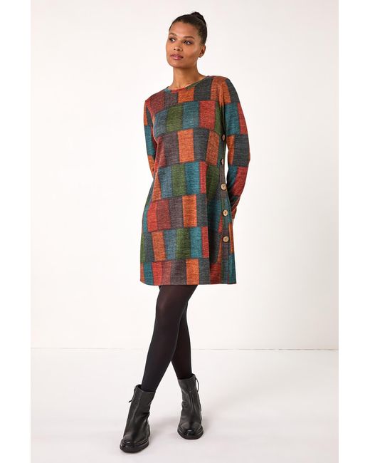 Roman Red Patchwork Pattern Button Detail Dress