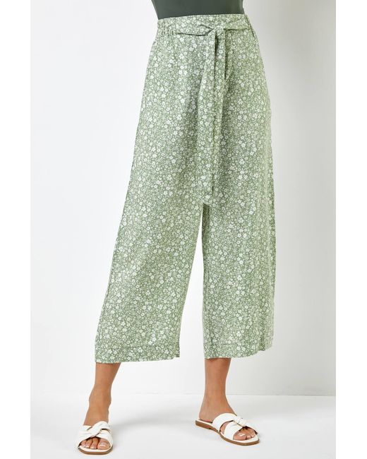 Roman Multicolor Ditsy Floral Elastic Tie Waist Cropped Culottes