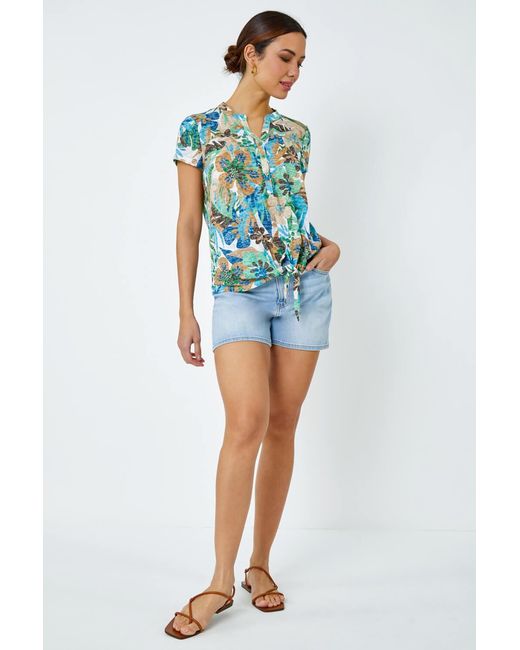 Roman Blue Floral Print Tie Detail Top
