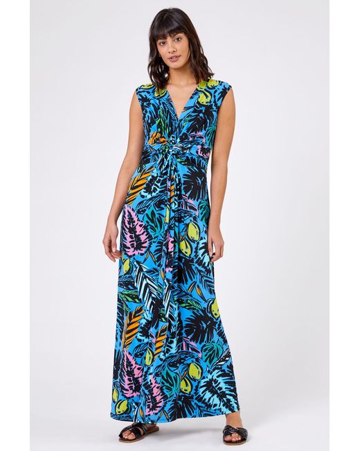 Roman Blue Palm Print Twist Waist Maxi Dress