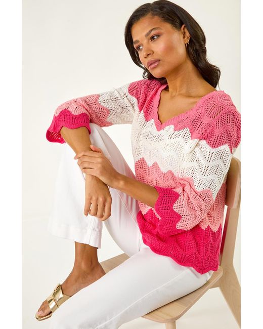 Roman Pink Colour Block Crochet Knit Jumper