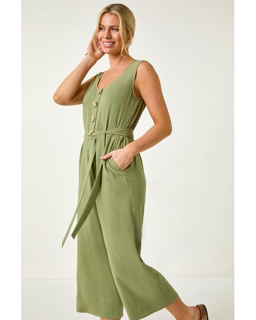 Roman Petite Green Linen Blend Button Front Jumpsuit