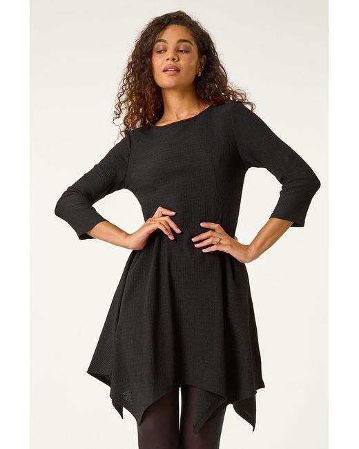 Roman Black Asymmetric Textured Pleat Stretch Dress