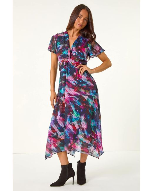 Roman Petite Blue Print Twist Front Dobby Midi Dress