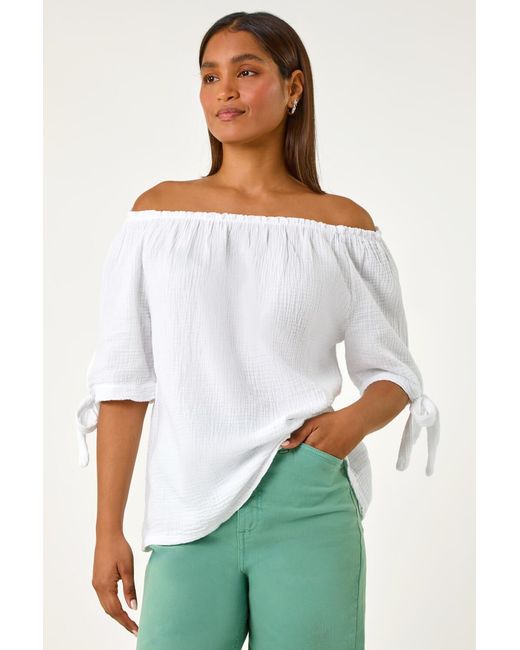 Roman White Cotton Blend Tie Detail Bardot Top