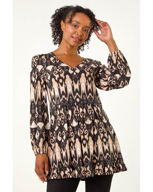 Roman Petite Black Aztec Frill Hem Top