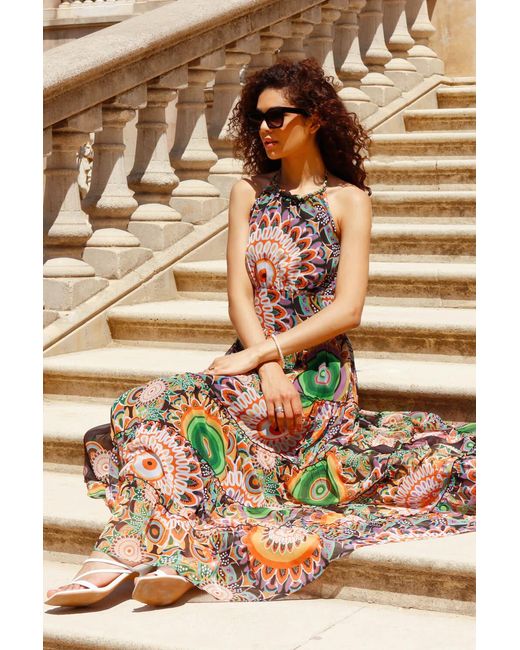 Roman Green Abstract Halter Neck Tiered Maxi Dress