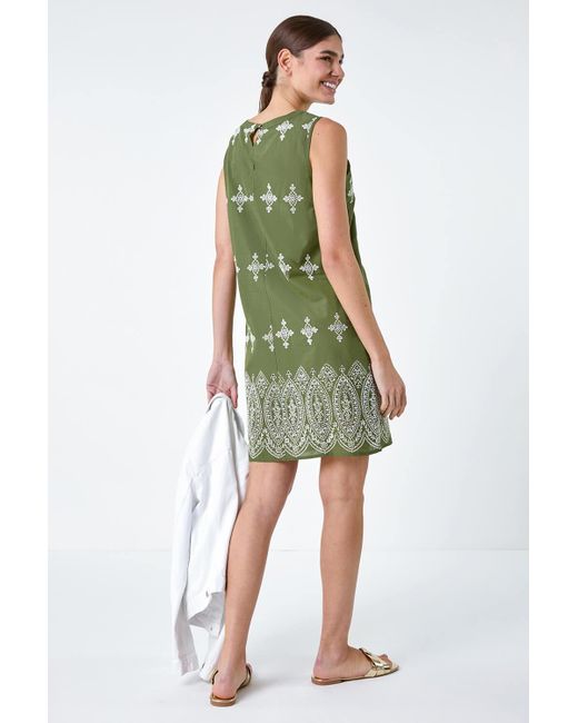 Roman Green Broderie Contrast Hem Cotton Shift Dress