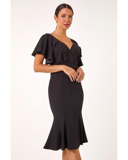 Roman Black Flared Sleeve Front Wrap Stretch Dress