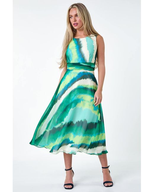 Roman Petite Green Sleeveless Abstract Print Midi Dress