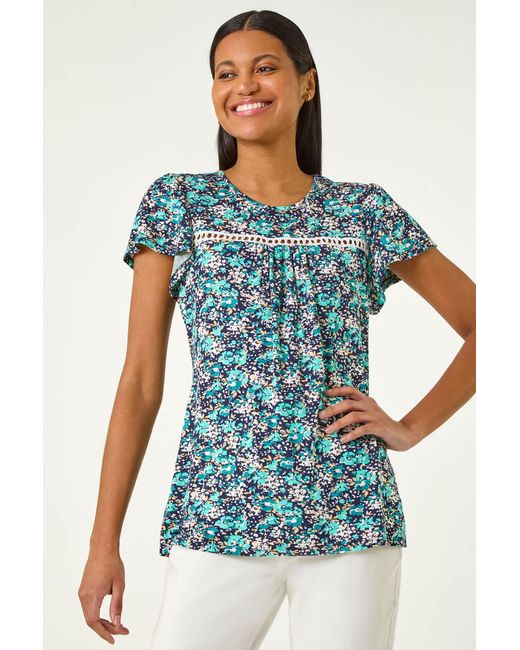 Roman Blue Floral Print Ladder Trim Stretch Top