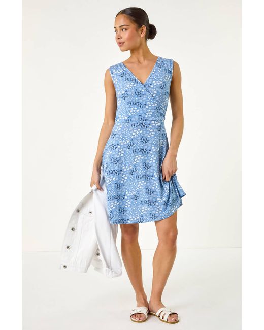 Roman Petite Blue Ditsy Floral Wrap Dress
