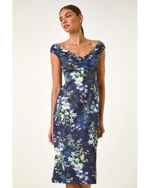Roman Blue Floral Print Bardot Stretch Midi Dress