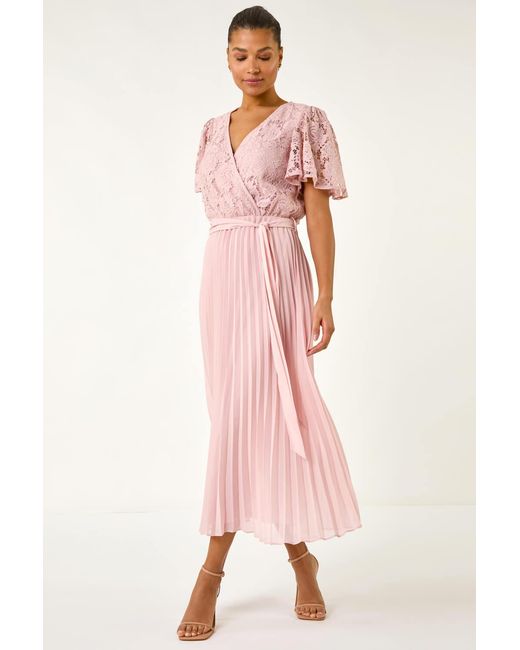 Roman Pink Lace Detail Wrap Midi Dress
