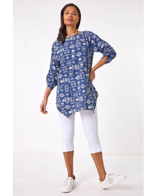 Roman Blue Longline Print Tunic Top