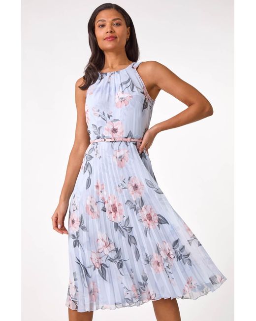 Roman White Floral Pleated Halter Midi Dress