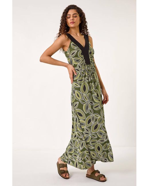 Roman Green Leaf Print Contrast Band Maxi Dress