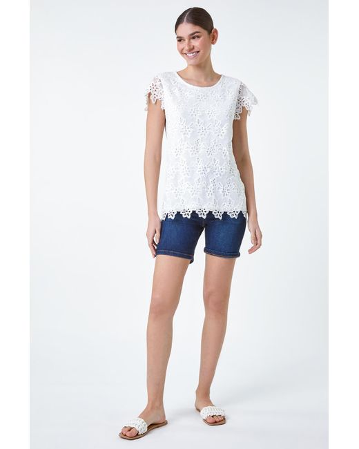 Roman White Floral Lace Sleeveless Top