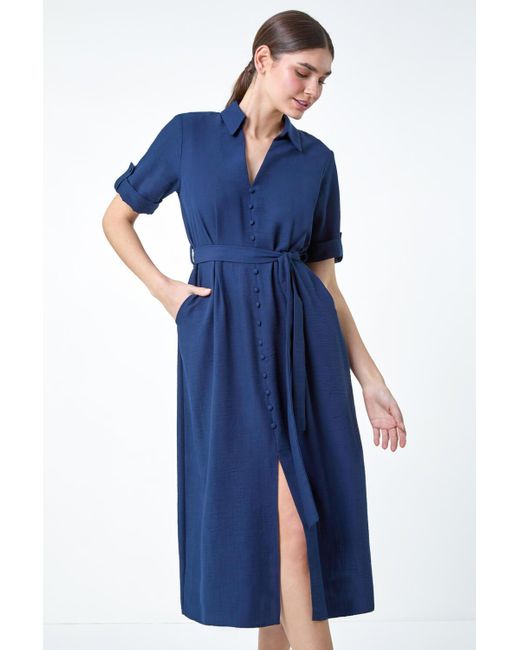 Roman Blue Textured Belted Midi Shirt Dress